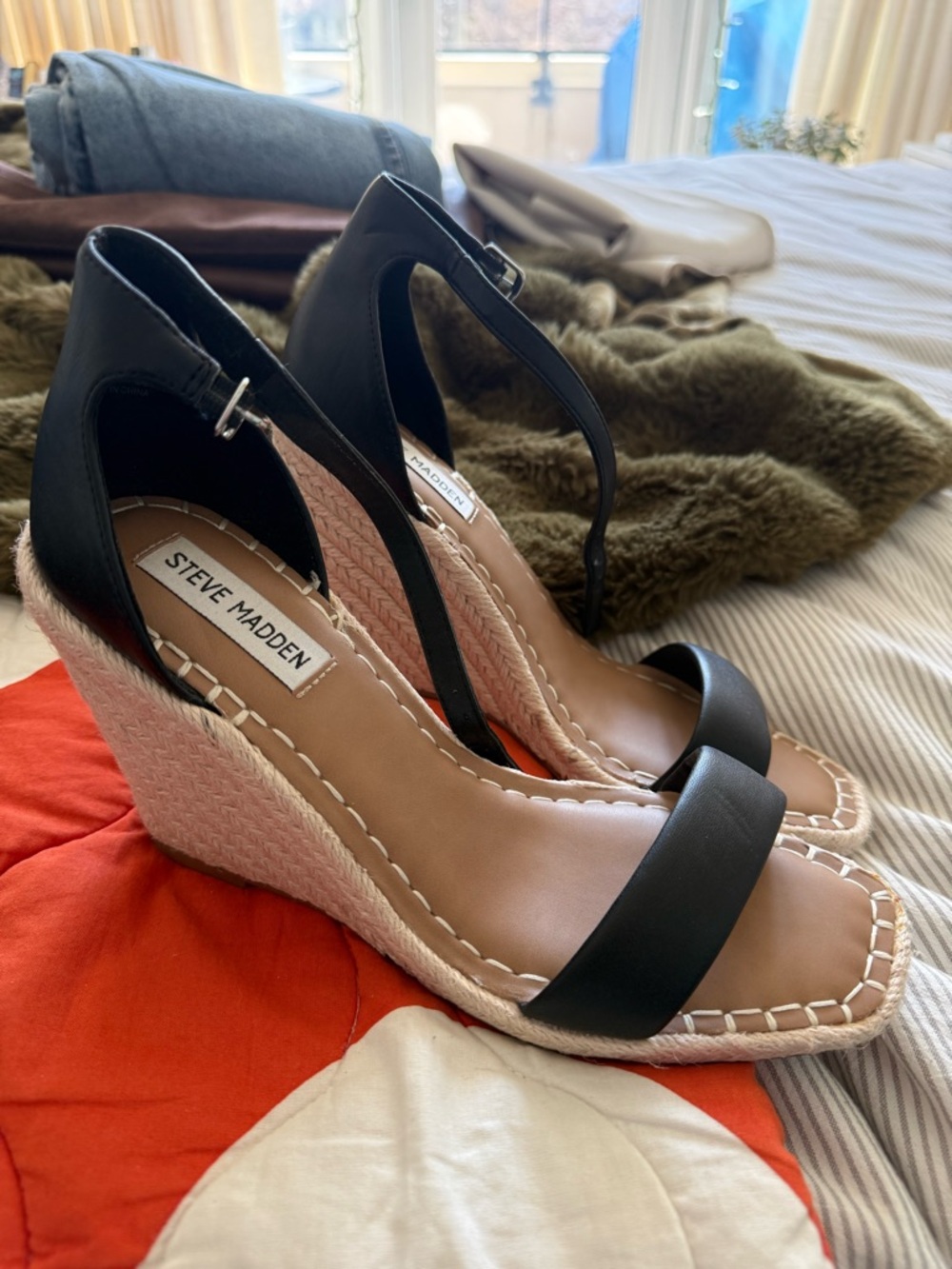 Steve Madden Black and Natural Espadrille Wedge Sandals